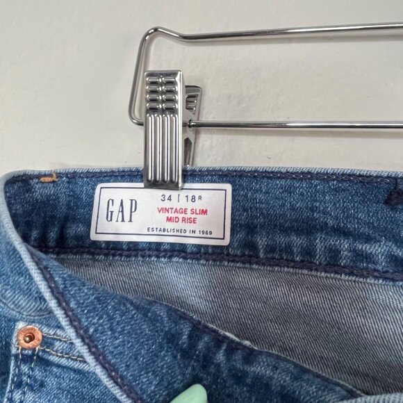 Gap Vintage Slim Mid Rise Medium Indigo Blue Denim Wash Jeans 34/18R - Picture 11 of 14